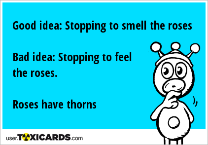 Good idea: Stopping to smell the roses Bad idea: Stopping to feel the roses. Roses have thorns