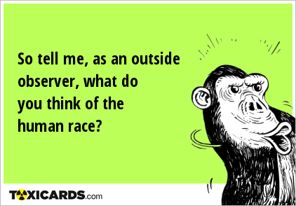 So tell me, as an outside observer, what do you think of the human race?