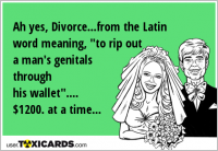 Ah yes, Divorce...from the Latin word meaning, "to rip out a man's genitals through his wallet".... $1200. at a time...