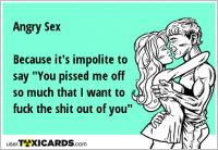 Angry Sex Because it's impolite to say "You pissed me off so much that I want to fuck the shit out of you"