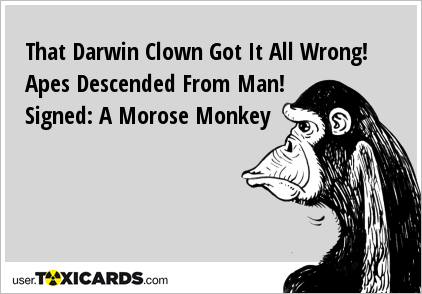 That Darwin Clown Got It All Wrong! Apes Descended From Man! Signed: A Morose Monkey